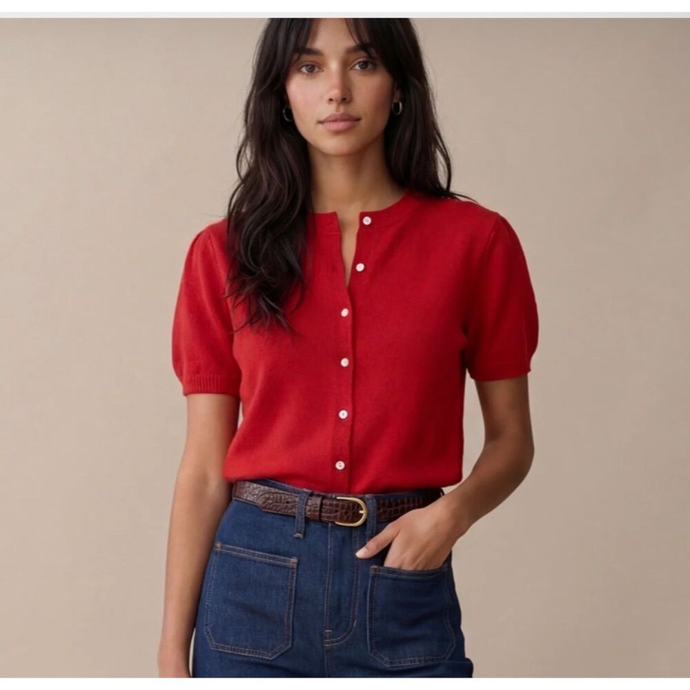 Few Moda x kourt Red 100% Cashmere Short Sleeve Cardigan Women's L NWT